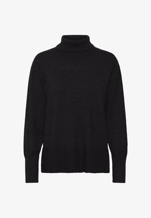 Juodas megztinis su aukštu kaklu, pagamintas iš minkštos medžiagos. Turi laisvą siluetą, ilgus rankovėmis, o šonai ir apykaklė yra įrengti su juostelėmis, suteikiančiomis papildomą tekstūros sijoną.