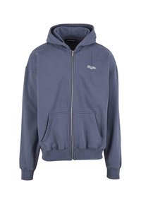 Zip-up hoodie in dark blue. Made from soft fabric, features a drawstring hood, ribbed cuffs, and two front pockets. Subtle logo detail on chest.