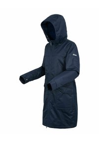 Manteau d'hiver bleu marine à capuche avec fermeture éclair intégrale à l'avant, manches longues, poignets à pression et grandes poches avant.