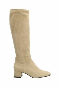 Botte beige en daim au-dessus du genou avec un bout pointu et un talon épais, présentant une texture lisse et un détail de couture minimal.