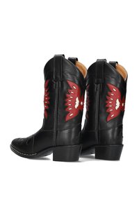 Black leather cowboy boots with red and white butterfly designs and low stacked heels, shown from the back and side angles.