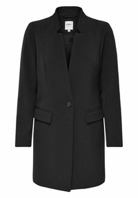 Černý dámský blazer s jedním knoflíkem, s klopovým límcem, dlouhými rukávy a dvěma předními kapsami s klopou.