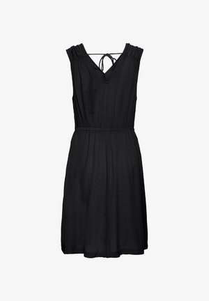Zwarte mouwloze jurk met een V-hals, voorzien van een gepofte taille en een verstelbare strik aan de achterkant. Gemaakt van lichtgewicht, gestructureerde stof.