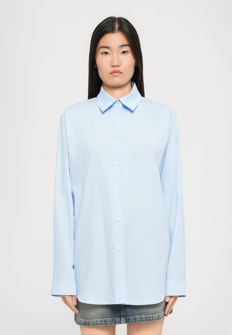 Camicia azzurra a maniche lunghe con colletto a punta, caratterizzata da un sottile dettaglio ricamato sul petto e polsini arrotondati.