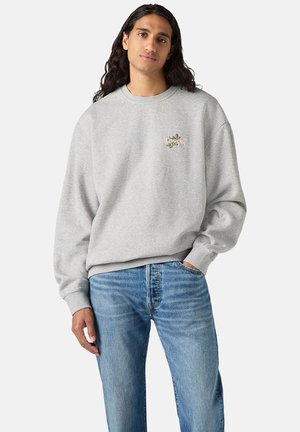 Gray sweatshirt with a crew neck and long sleeves. Features a small colored floral embroidery on the chest. Worn with light blue jeans.