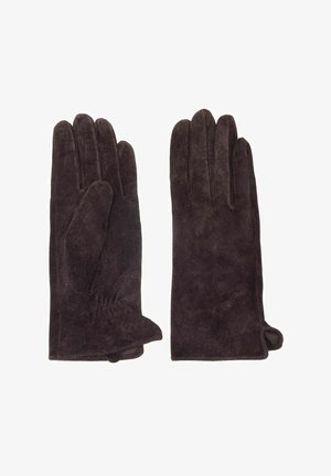 Para ciemnych brązowych zamszowych rękawiczek leżących płasko, ukazujących detale szwów i lekkie marszczenia w okolicy nadgarstka na jednej z rękawiczek.