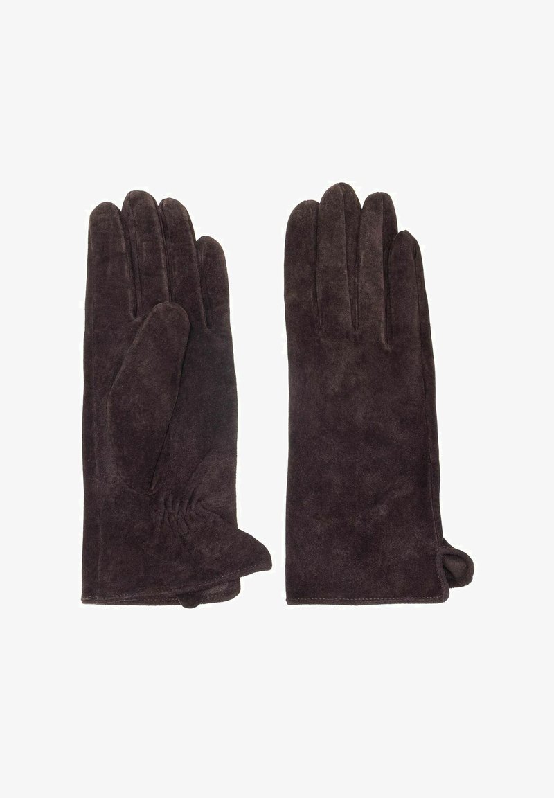 Para ciemnych brązowych zamszowych rękawiczek leżących płasko, ukazujących detale szwów i lekkie marszczenia w okolicy nadgarstka na jednej z rękawiczek.