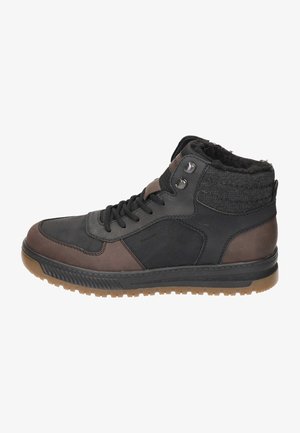 Hoge schoenen gemaakt van zwart en bruin leer, met een kraag van grijs textiel, ronde veters en een rubberen zool met een profielpatroon.