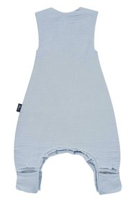 Hellblauer, weicher Baumwoll-Babyanzug mit ärmellosem Design, rundem Ausschnitt und elastischen Bündchen an den Knöcheln. Strukturiert.