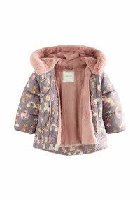 Veste matelassée pour enfant avec doublure en peluche rose et capuche, présentant des imprimés licorne, arc-en-ciel, lune, papillon et floral sur tissu gris.