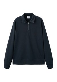 Tmavomodrá mikina s polovičným zipsom na golieri, dlhými rukávmi a rebrovanými manžetami. Vyrobená z mäkkej látky s hladkým povrchom.