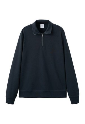 Temno modra pulover majica s četrtinskim zadrgo na ovratniku, dolgimi rokavi in rebrastimi man�šetami. Iz mehke tkanine z gladko teksturo.