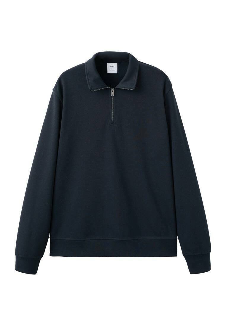 Marineblauer Pullover mit Viertel-Reißverschluss am Kragen, langen Ärmeln und gerippten Bündchen. Hergestellt aus weichem Stoff mit glatter Textur.