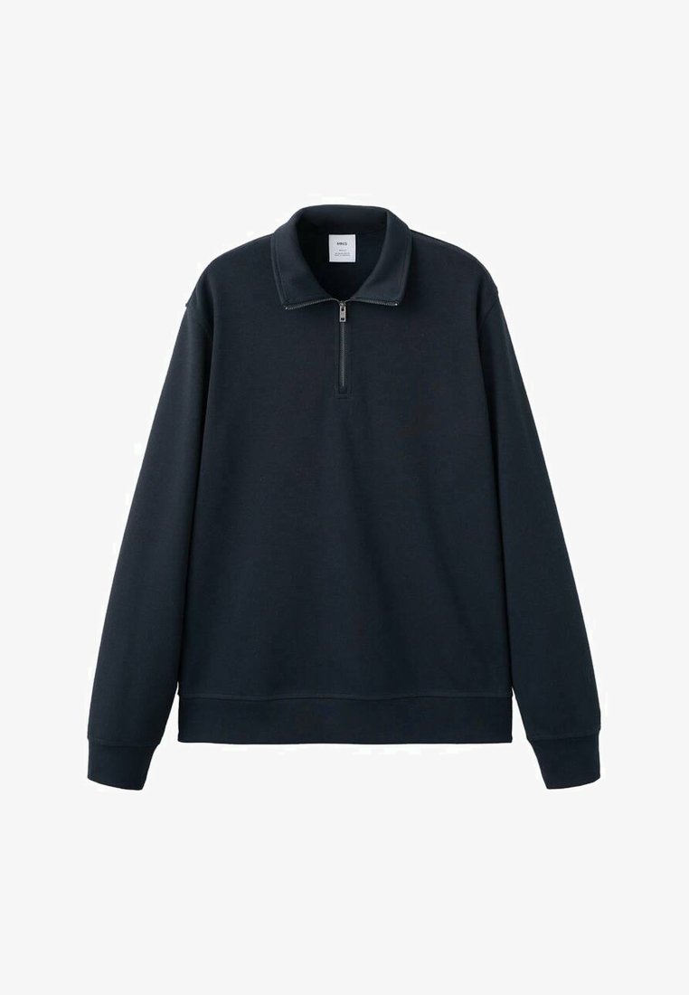 Marineblauer Pullover mit Viertel-Reißverschluss am Kragen, langen Ärmeln und gerippten Bündchen. Hergestellt aus weichem Stoff mit glatter Textur.