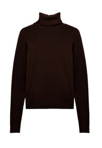 Brauner Rollkragenpullover aus weichem Strickstoff, mit langen Ärmeln und gerippten Bündchen sowie Saum, in lockerer Passform.