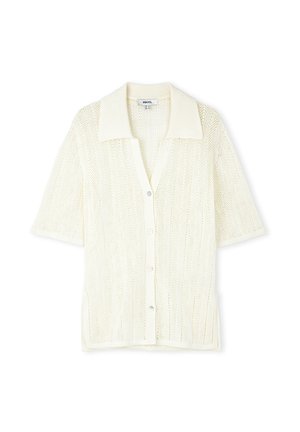 Short-sleeve knitted cardigan in cream, featuring a collared neckline, button-front closure, and textured, open weave design throughout.