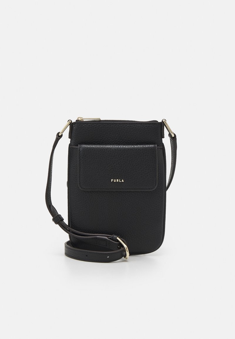 Black leather crossbody bag with a textured finish, front flap pocket, gold hardware, and adjustable strap. Features a zip closure at the top.