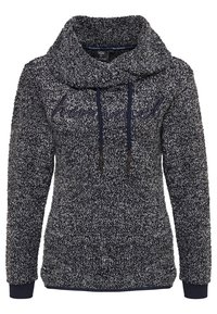 Hupullinen paita tummansinistä ja harmaata kirjavapintaa, pehmeä tekstuuri, jossa säädettävät nyörit ja edessä kirjailtu logo.