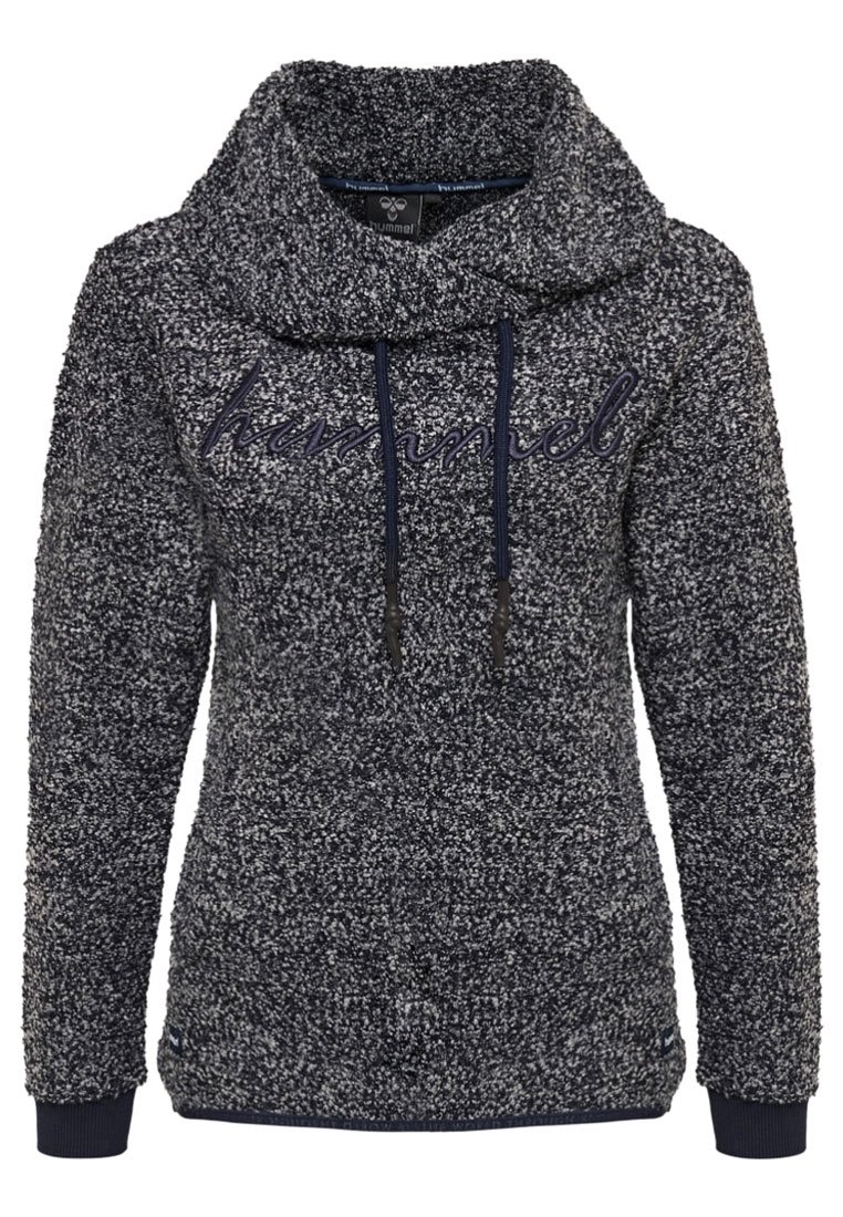 Hupullinen paita tummansinistä ja harmaata kirjavapintaa, pehmeä tekstuuri, jossa säädettävät nyörit ja edessä kirjailtu logo.