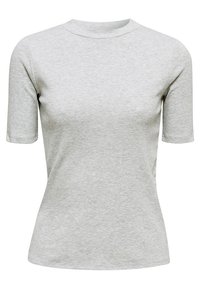 T-shirt gris clair à manches courtes, ajusté, col rond avec une texture simple et lisse.