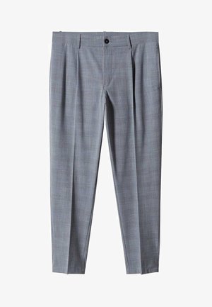 Pantalons tailleur gris clair avec un motif à carreaux subtil, plis à l'avant, fermeture à bouton et poches latérales. Texture de tissu lisse.
