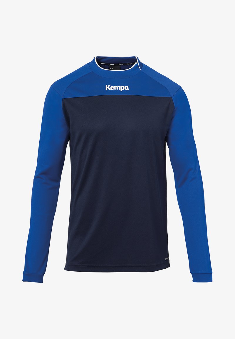 Langærmet sports skjorte i navy og blå. Har en rund halsudskæring, kontrastærmer og "Kempa" logo på forsiden. Fremstillet af stof.