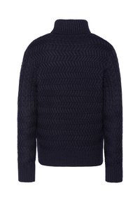 Maglione a maglia blu navy con colletto alto, caratterizzato da una texture a zigzag. Polsini e orlo a coste. La vista posteriore presenta un design a tinta unita e motivi.