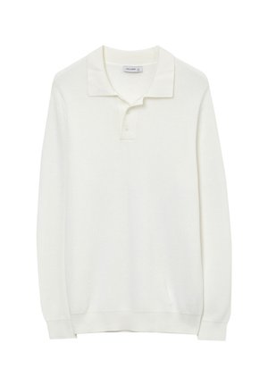 Polo a maniche lunghe bianco in maglia con colletto a due bottoni e polsini e orlo a costine, mostrato in posizione piatta su uno sfondo bianco.