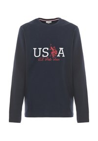 T-shirt a maniche lunghe navy in cotone con la scritta "USA" bianca e rossa e una grafica di un giocatore di polo. Collo rotondo e vestibilità regolare.
