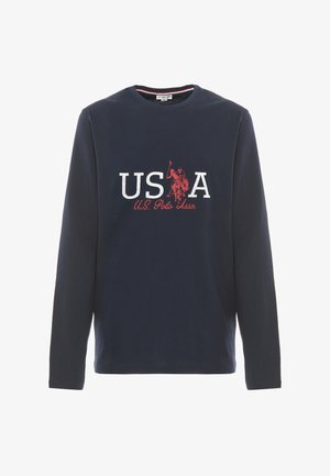 T-shirt a maniche lunghe navy in cotone con la scritta "USA" bianca e rossa e una grafica di un giocatore di polo. Collo rotondo e vestibilità regolare.