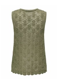 Haut en maille vert olive sans manches avec ourlet festonné et un motif en dentelle complexe à motif de feuilles.