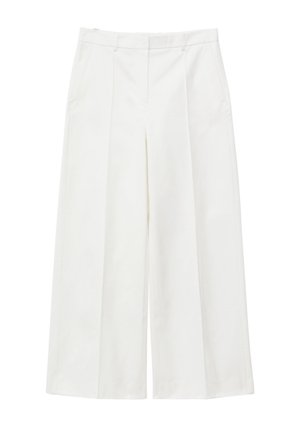 Aukšto liemens baltos, plačios kelnės su klostėmis priekyje, šoninėmis kišenėmis, diržo kilpelėmis ir paslėptu priekinio užsegimo mechanizmu.