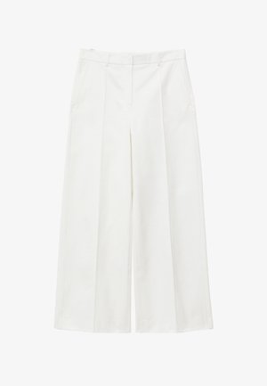 Aukšto liemens baltos, plačios kelnės su klostėmis priekyje, šoninėmis kišenėmis, diržo kilpelėmis ir paslėptu priekinio užsegimo mechanizmu.