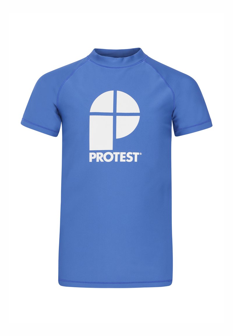 Plava kratka majica za rash guard izrađena od glatkog, rastezljivog materijala. Sadrži veliki bijeli logo "PROTEST" i kružnu grafiku na prednjoj strani.