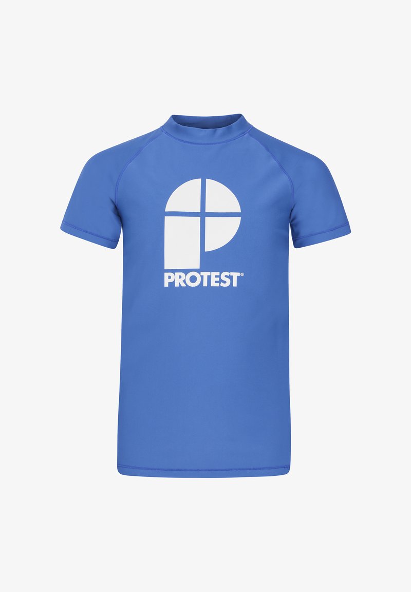 Modrá krátkorpová ochranná košeľa vyrobená z hladkého, pružného materiálu. Na prednej strane sa nachádza veľké biele logo "PROTEST" a kruhová grafika.