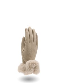 Guanto in suede beige con polsino di pelliccia morbida, mostrato in posizione verticale su uno sfondo bianco.