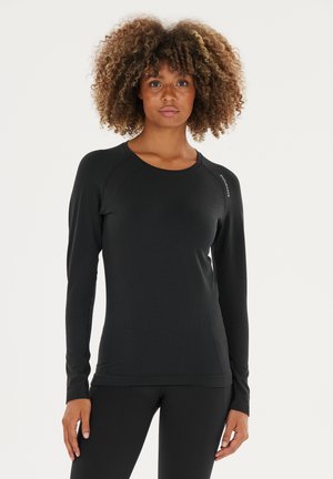 Black long-sleeve athletic top featuring a ribbed texture, round neckline, and fitted design, suitable for active wear.