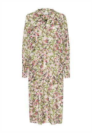Blomsterkjole med lange ærmer, der har et flerfarvet mønster i pink, grøn og lilla på en lys baggrund. Lavet af et blødt stof.
