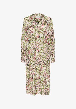 Blomsterkjole med lange ærmer, der har et flerfarvet mønster i pink, grøn og lilla på en lys baggrund. Lavet af et blødt stof.