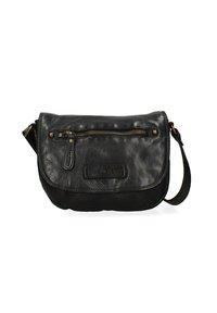 Borsa a tracolla nera in pelle con tasca frontale con zip, superficie texturizzata, tracolla regolabile e dettaglio del logo sul davanti.