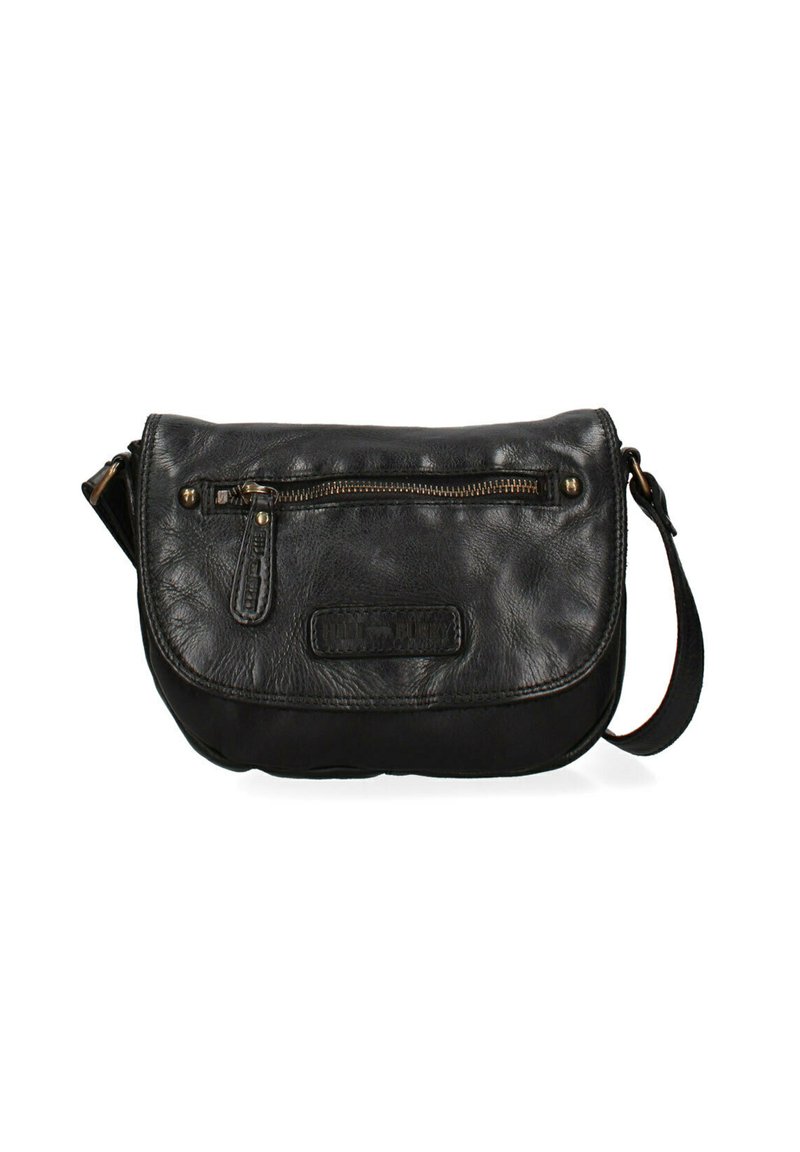 Borsa a tracolla nera in pelle con tasca frontale con zip, superficie texturizzata, tracolla regolabile e dettaglio del logo sul davanti.