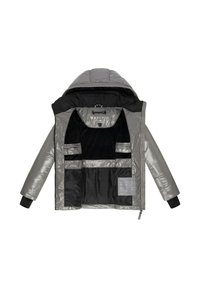 Graue Daunenjacke mit glänzender Oberfläche, Kapuze, schwarzem Innenfutter, mehreren Innenfächern und einem Reißverschluss vorne.