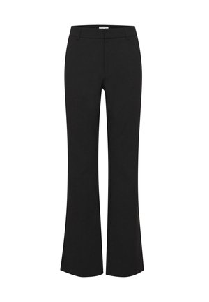 Pantalones de vestir negros con pernera acampanada, trabillas para cinturón y cierre delantero oculto, diseñados para un ajuste entallado.