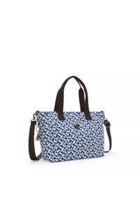 Textured blue and white bag with a leopard print pattern, featuring black handles, a shoulder strap, and a decorative charm on the side.