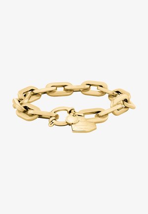 Goldkette-Armband mit übergroßen, miteinander verbundenen Gliedern, einem strukturierten Schlossanhänger und einem kreisförmigen Verschlussdetail.