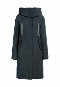 Czarna kurtka puchowa z wysokim kołnierzem i dużym kapturem. Posiada satynowe paski, boczne kieszenie oraz gładką, wodoodporną powierzchnię.