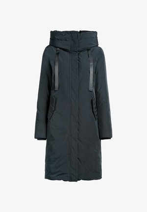 Czarna kurtka puchowa z wysokim kołnierzem i dużym kapturem. Posiada satynowe paski, boczne kieszenie oraz gładką, wodoodporną powierzchnię.