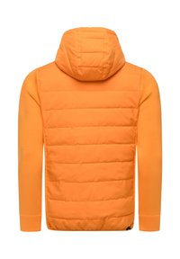 Orange padded jacket with a hood, featuring a quilted texture on the back and smooth fabric on the arms and sides.