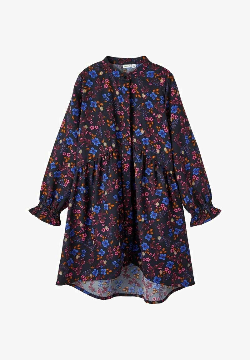 Robe noire à manches longues avec imprimé floral bleu, rose et orange, taille froncée, poignets volantés et ourlet asymétrique.