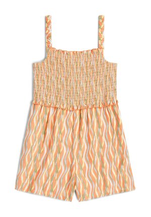 Bez ramienok, naškrobený overal v oranžovej farbe s vlnitými vzormi v zelenej a modrej. Ľahká látka s dizajnom krátkych nohavíc pre teplé počasie.